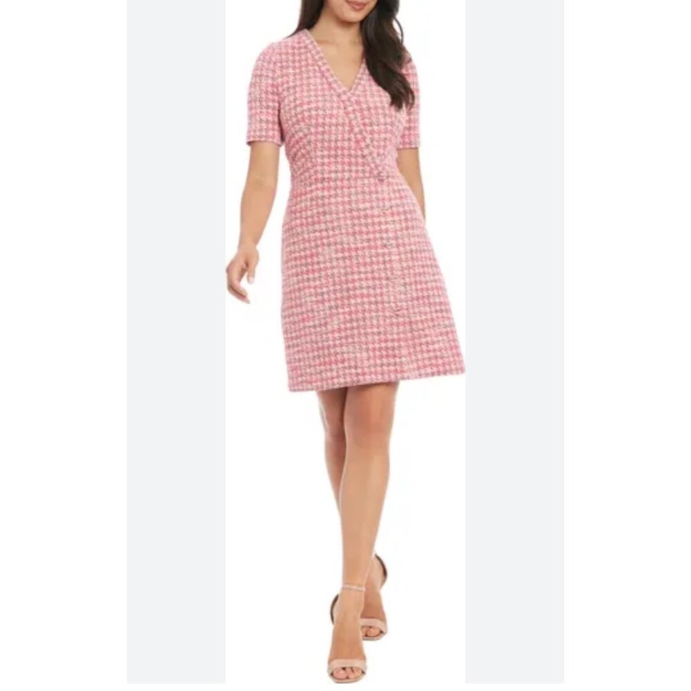 NWT- London Times Womens V-Neck Faux Wrap Houndstooth pink heart  Dress - Size 8